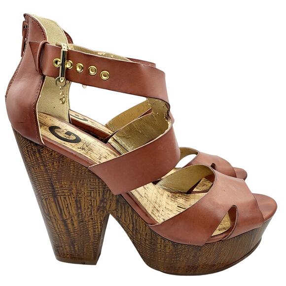 G by GUESS Sylbie Light Brown Strappy Peep Toe Wedge Platform Sandals Size 8.5M - Picture 1 of 13